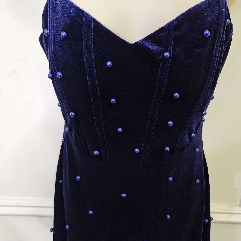 Windsor Navy Blue Velvet Beaded Embellished Asymmetrical Midi Dress,Large - Picture 16 of 16